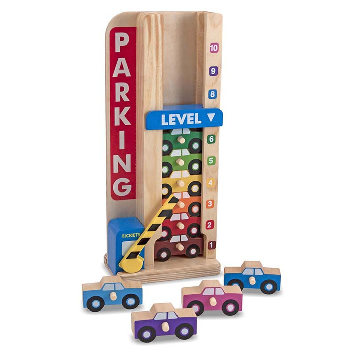 Drewniane autka z wieżą parkingową Melissa and Doug