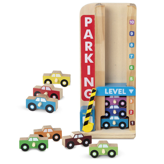 Drewniane autka z wieżą parkingową Melissa and Doug