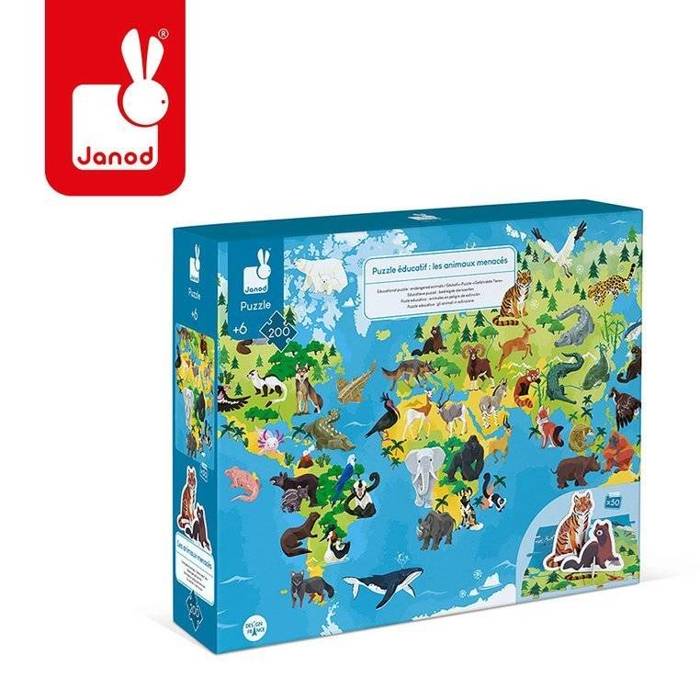 Puzzle edukacyjne z figurkami 3D Zagrożone gatunki 200 elementów 6+, Janod