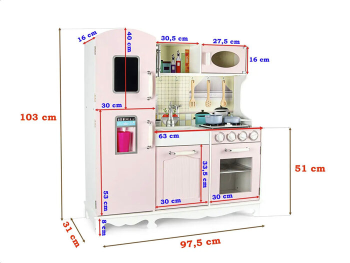 Różowa drewniana kuchnia z telefonem do zabawy z akcesoriami światło i dźwięk